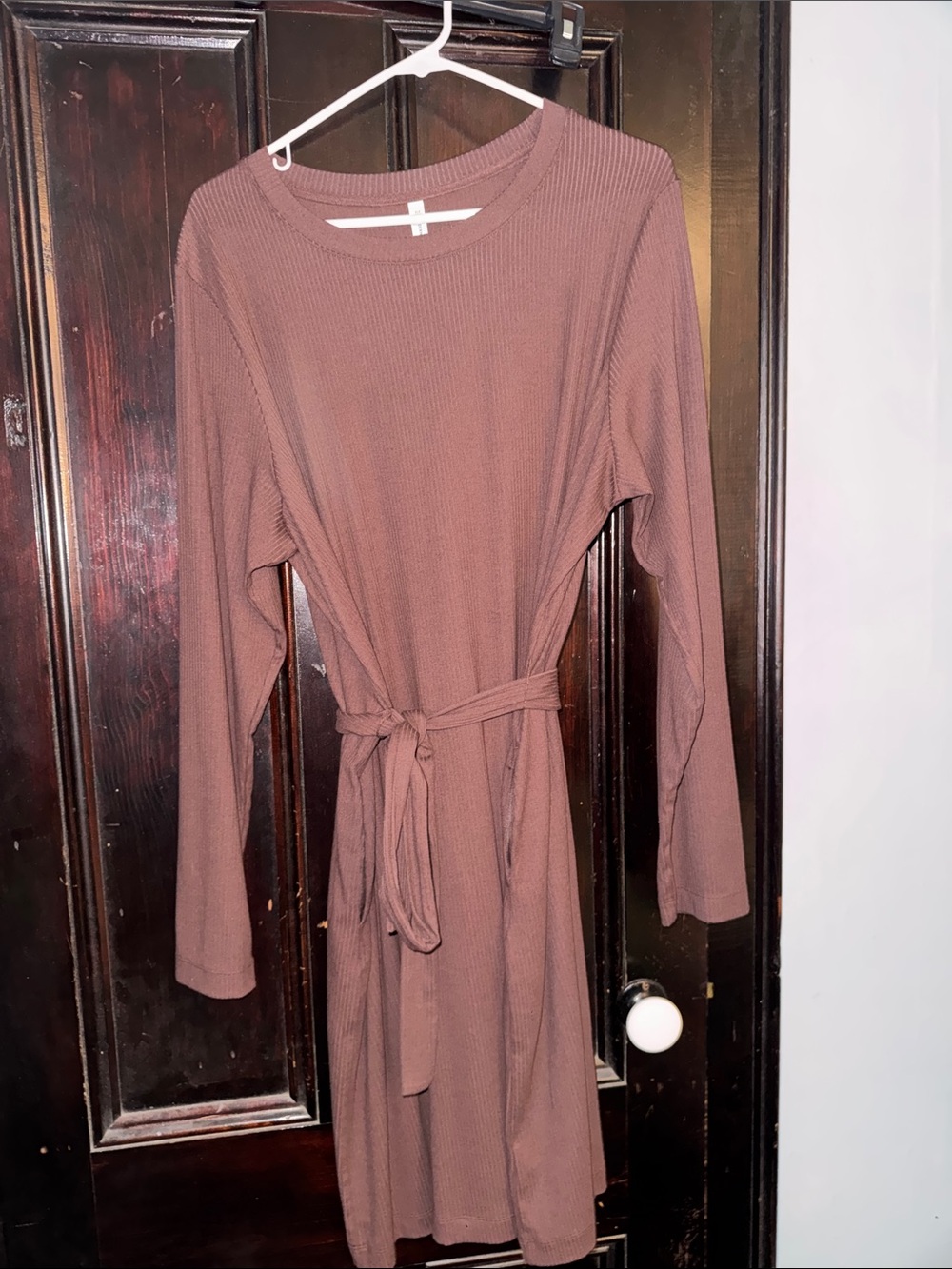 Ribbed Long-Sleeve Midi Dress with Self-Tie Belt - Brown